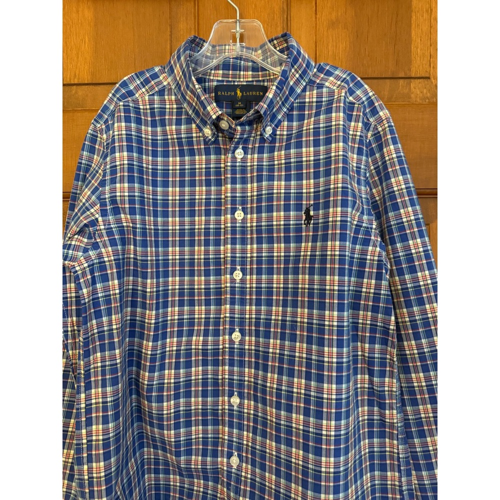 Ralph Lauren Boys Tartan Plaid Button-Down Shirt Size M (8-10) Blue Long Sleeve